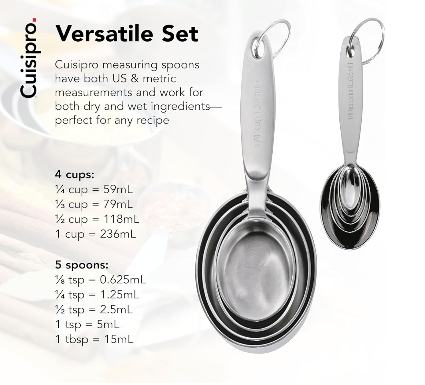 Cuisipro measuring spoons set with US and metric measurements on a white background