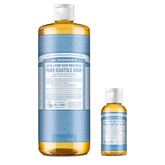 Dr. Bronner’s Pure-Castile Liquid Soap – Baby Unscented Bundle. 32 oz. Bottle and 2 oz. Travel Bottle