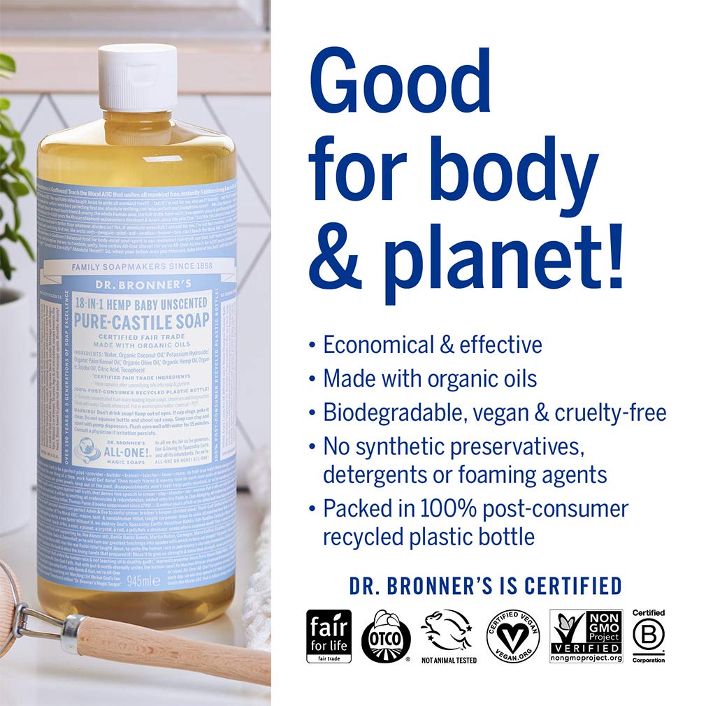 Dr. Bronner’s Pure-Castile Liquid Soap – Baby Unscented Bundle. 32 oz. Bottle and 2 oz. Travel Bottle