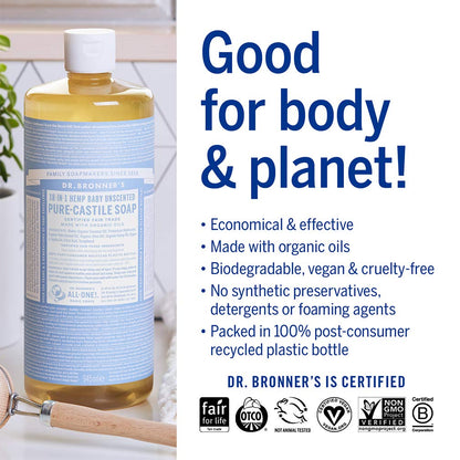 Dr. Bronner’s Pure-Castile Liquid Soap – Baby Unscented Bundle. 32 oz. Bottle and 2 oz. Travel Bottle
