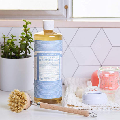 Dr. Bronner’s Pure-Castile Liquid Soap – Baby Unscented Bundle. 32 oz. Bottle and 2 oz. Travel Bottle