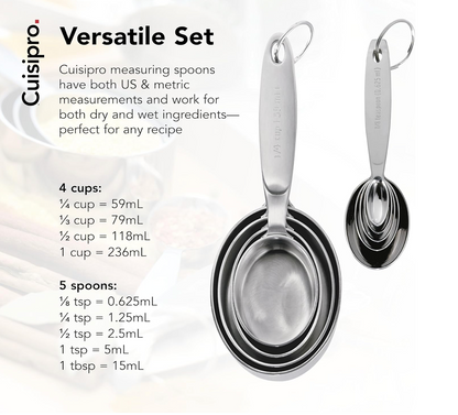 Cuisipro measuring spoons set with US and metric measurements on a white background