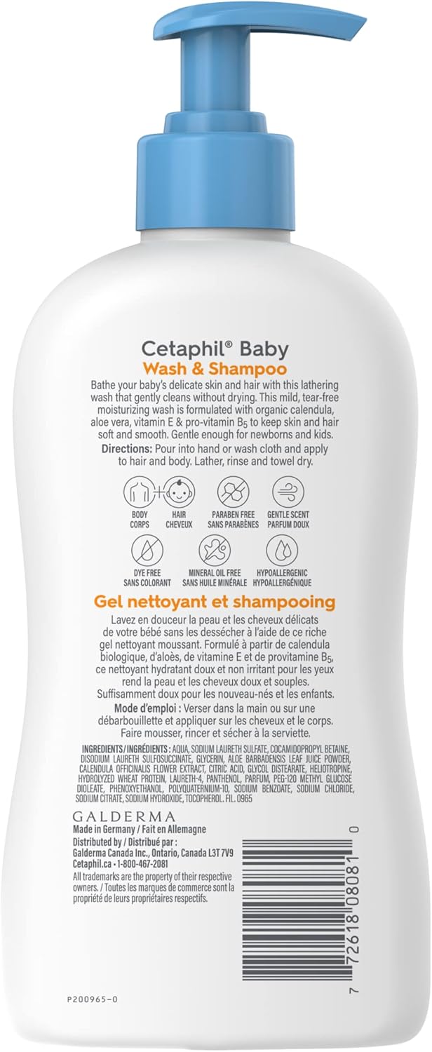Cetaphil Baby Wash & Shampoo With Organic Calendula - Tear Free - Paraben, Colourant and Mineral Oil Free - 400ml Pump